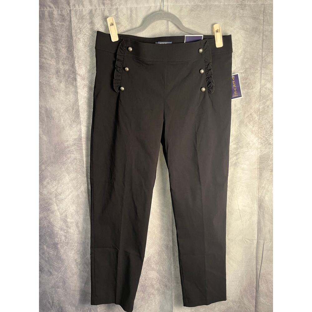 Verve Blues Women’s Black Ankle Pants Size L Pull-On Stretch Ruffle Button NWT